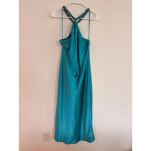 Stunning Jason Wu Turquoise Satin Halter Chain Midi Dress - Picture 2 of 10
